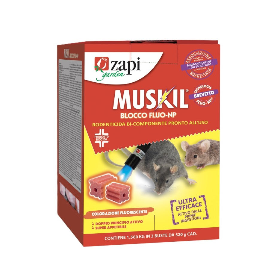 Muskil Blocco Fluo-Np Kg.1,56 Esca Rodenticida Bi-Componente Pronta All'Uso Zapi Garden cf.3x520 gr.