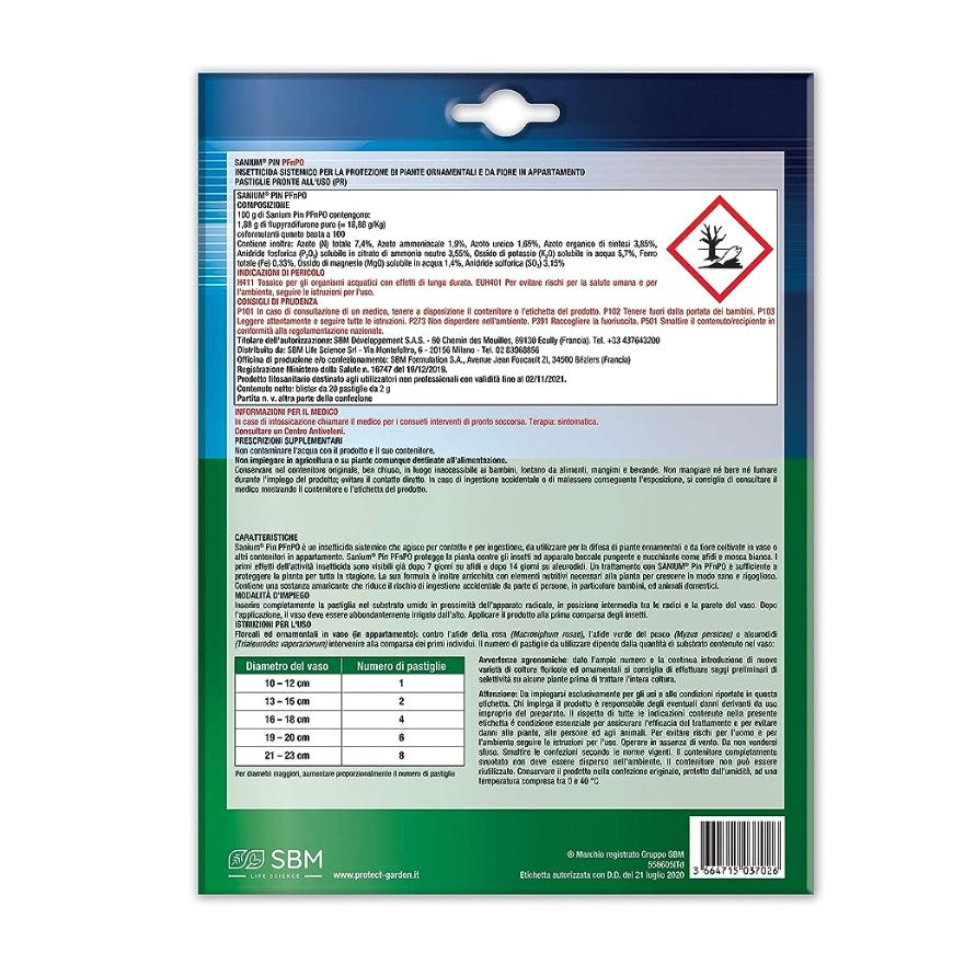 Sanium Pin PFnPO Insetticida Sistemico per la Protezione delle Piante 20 Pastiglie SBM