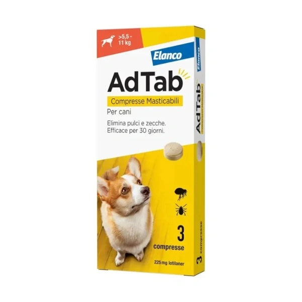 AdTab Compresse Masticabili per Cani  cf 3 Compresse >5,5-11 Kg Elimina Pulci e Zecche Elanco