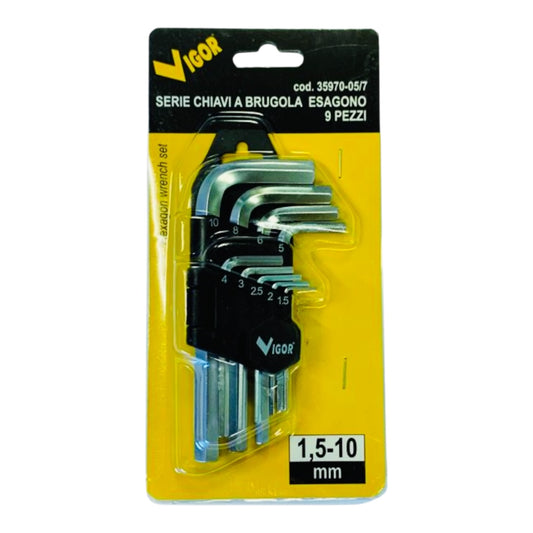 Serie Chiavi a Brugola Esagono Cromo Vanadio 9 Pezzi Supp 1,5-10 mm  Vigor